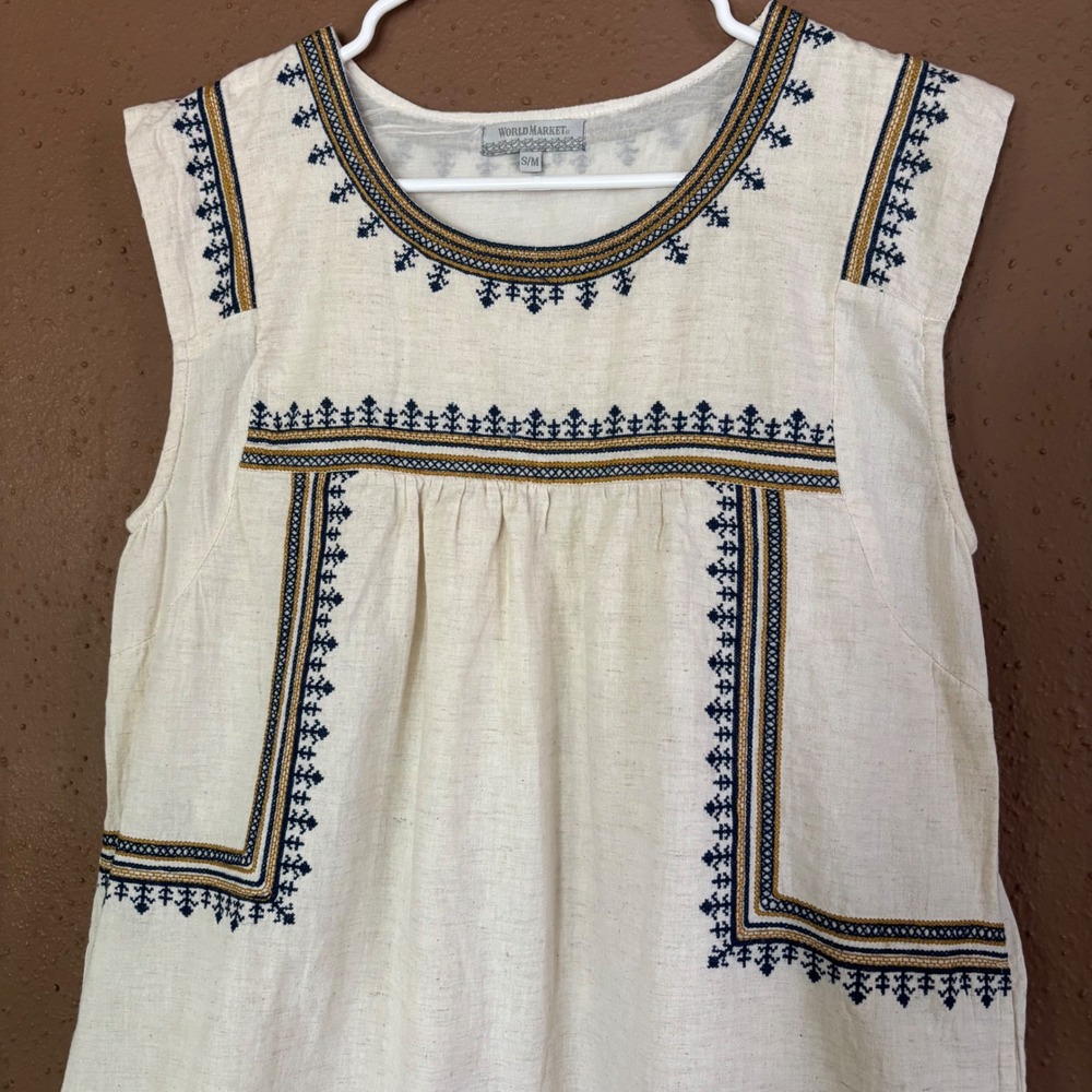 World Market Embroidered Cotton Linen Boho Shift Dress Cream Navy SM - Picture 3 of 9